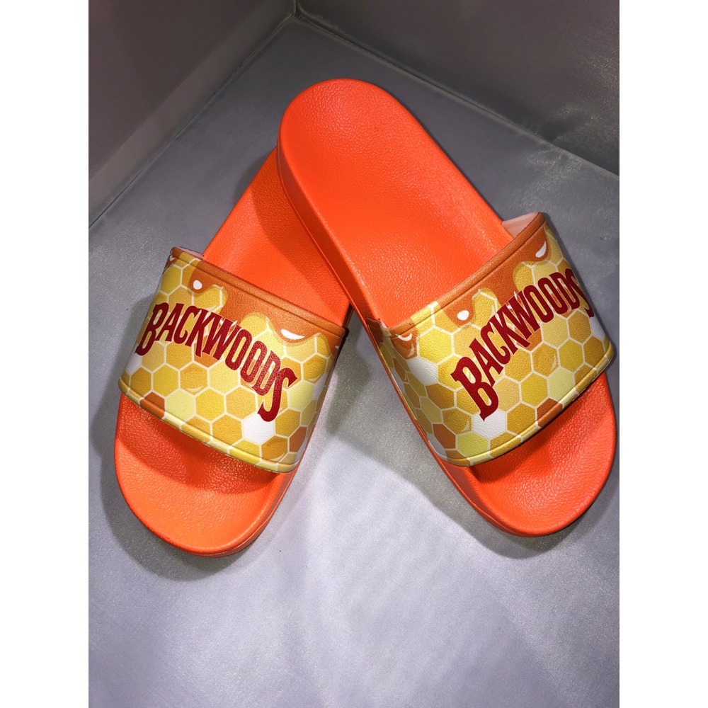 Backwoods Honey Orange Slide Sandals Honeycomb Graphic Slides Mens 6 Women's 8